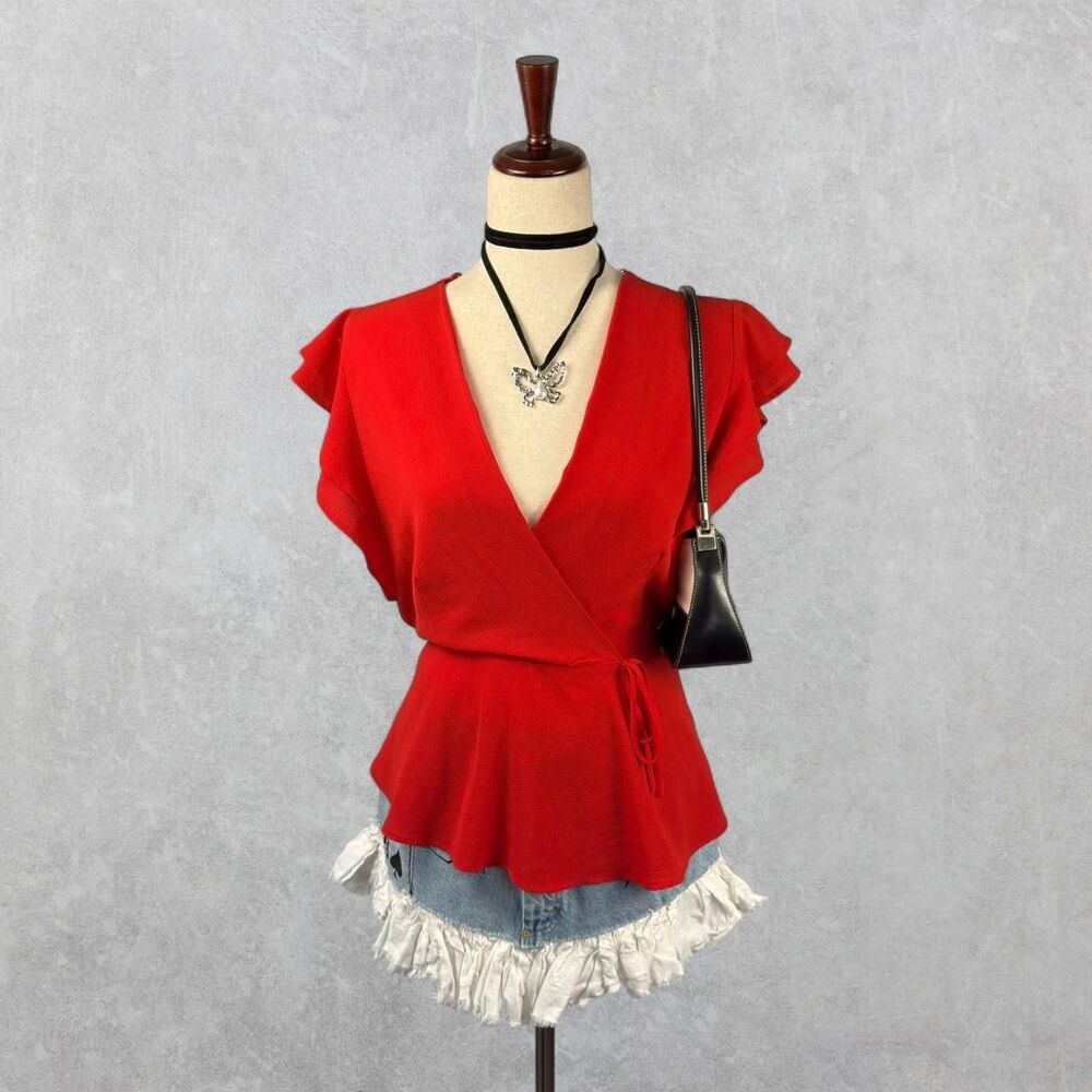 Anthropologie Red Flutter Sleeve Faux Wrap Top